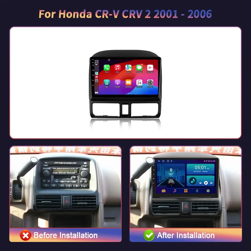 For Honda CR-V CRV 2 2001-2006 Android 14 Car Radio Multimedia Navigation Wireless Carplay Stereo Head Unit Screen GPS 4G 2DIN