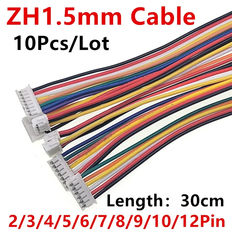 10PCS JST ZH1.5 ZH 1.5mm Wire Cable Connector 2/3/4/5/6/7/8/9/10/12 Pin 28AWG 1.5MM Pitch Plug 30CM Wire Length Single head