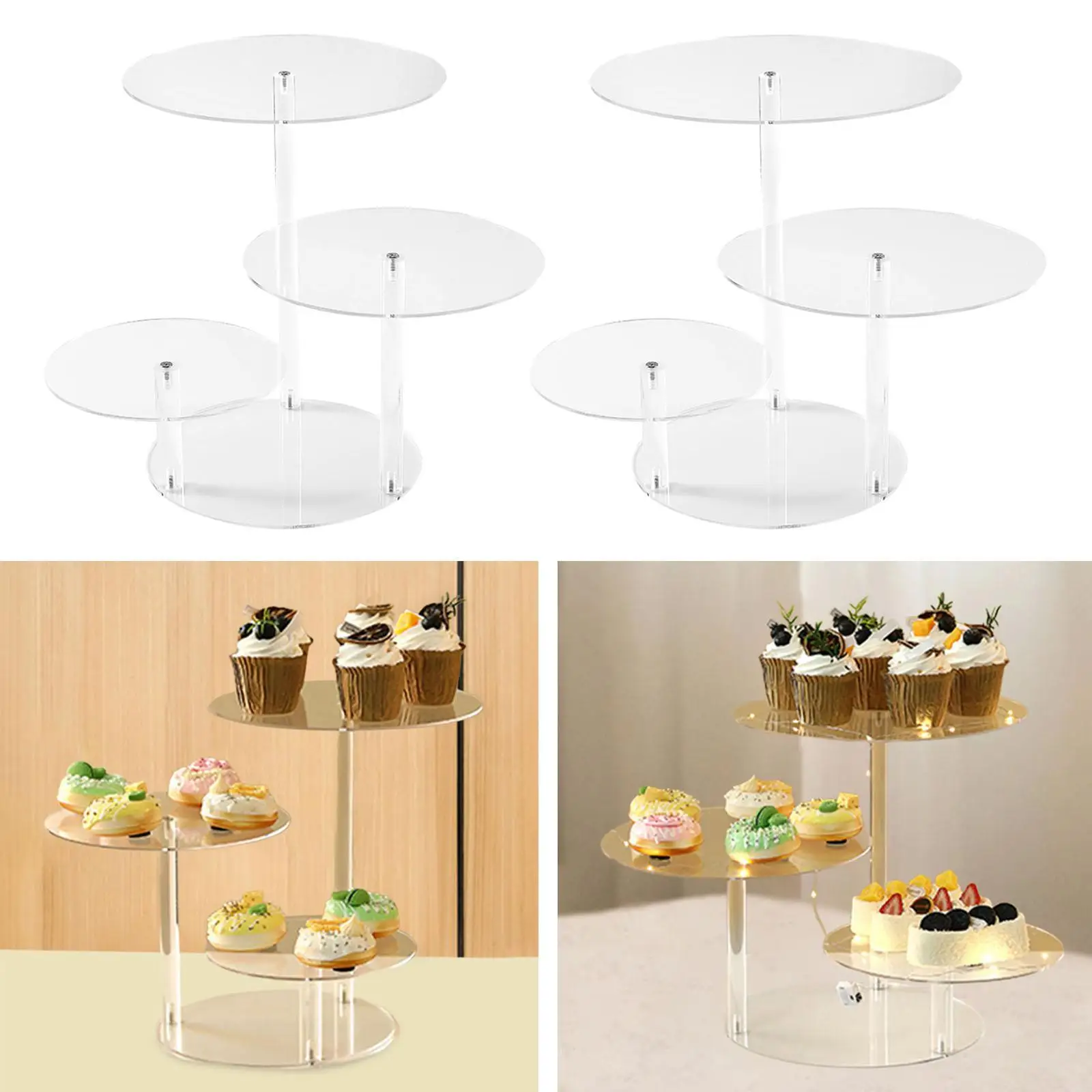 3 Tier Acrylic Cupcake Stand Snack Holder with LED Lights with 3 Separate Legs Dessert Holder for Buffet Anniversaries Pastry