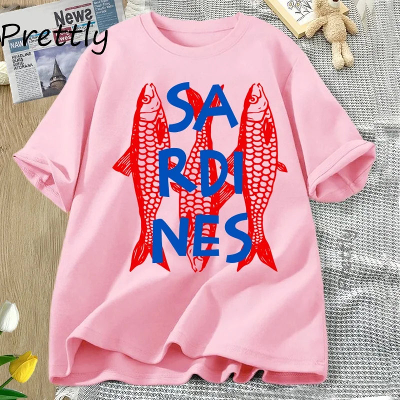 تي شيرت جرافيك من Sardines تي شيرت عصري على شكل سمكة كاجوال بأكمام قصيرة من القطن تي شيرت ملابس الشارع الشهير برقبة دائرية تي شيرت رائع #3