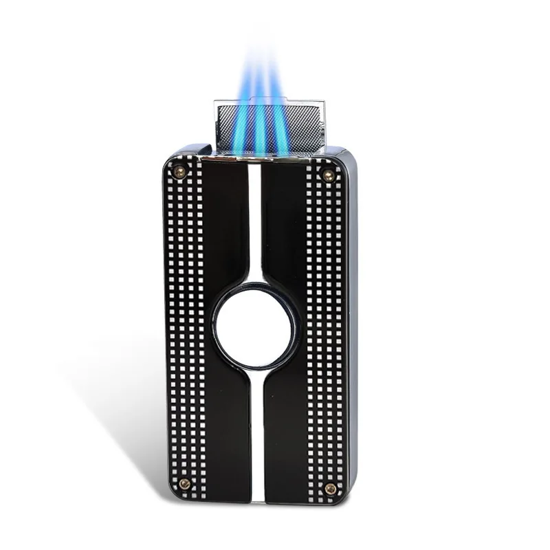 Three Flame Blue Torch Jet Lighter, Windproof Metal Butane Inflatable Lighter, with Cigar Diamond, High-end Gift for Men