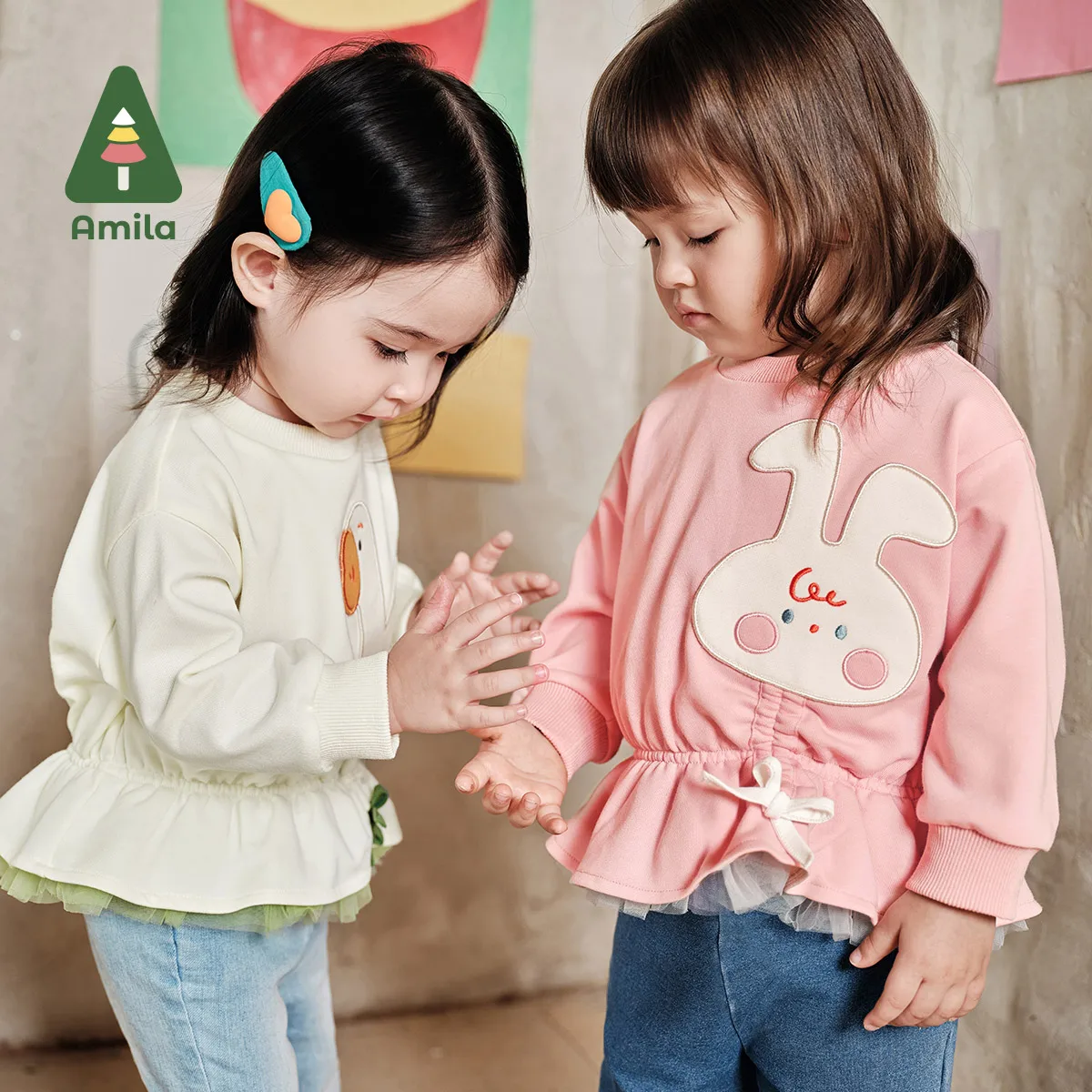 

Amila 2024 Spring New Girls Sweatshirt Kids Tops Pullover Animal Pattern Ruffles Sweet Cute Round Neck Baby Clothing