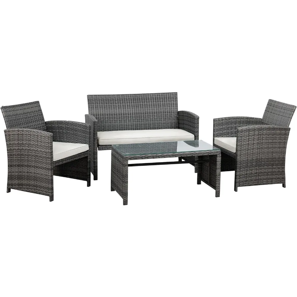 

4-Piece Patio Furniture Set, Outdoor Wicker Patio Conversation Furniture Set with Cushions and Tempered Glass Tableto