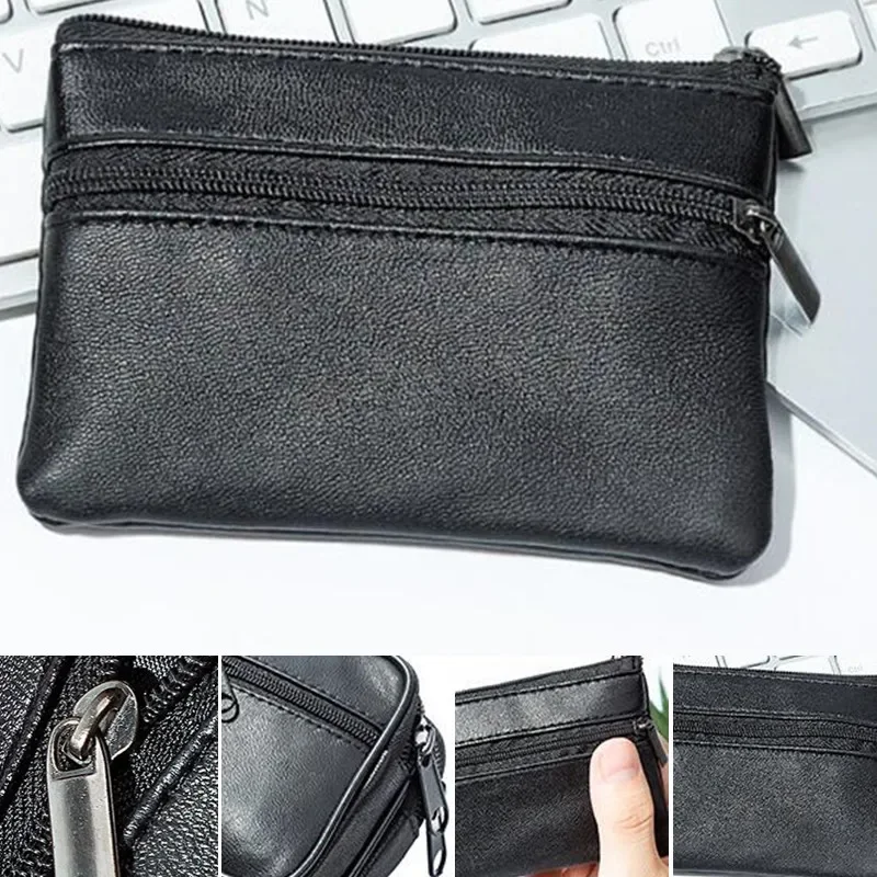 Men's Black Leather Coin Purse Single Zipper Multi-Function Mini Wallet for Mobile Phone And Coins