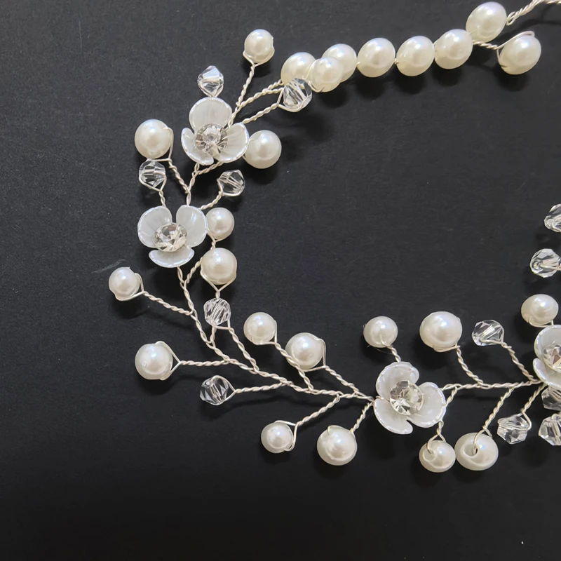 Imitation Pearl White Flower Hair Band Handmade Rhinestone Headband Women Bridal Headwear Wedding Party Hair Accessories