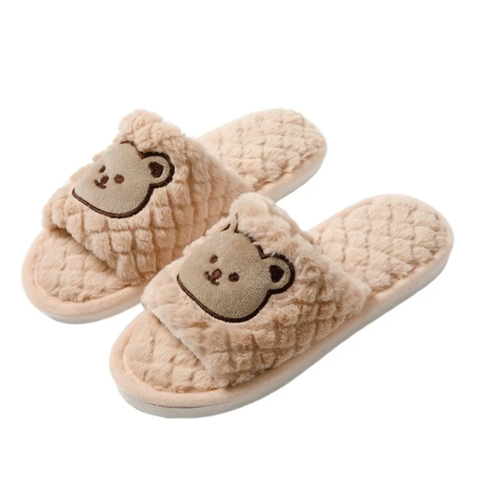 

Cute Fuzzy Plush Bear Slippers Grid Comfortable Casual Slippers Winter Thickening Cartoon Flat Plush Shoes Men Women