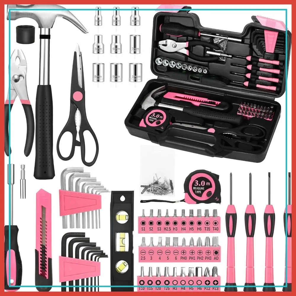 

144-Piece Pink Tool Kit for Women, Home Repair Set with Plastic Box