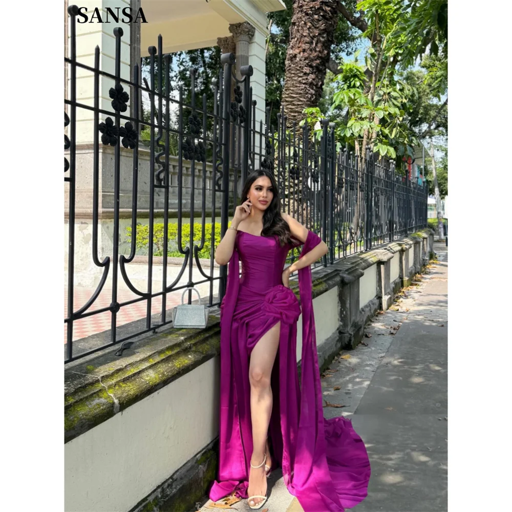 

Sansa Customized Purple Pleated 3D Flower Prom Dress Side High Slit Sweep Train Vestidos De Noche With Shawl Evening Dresses