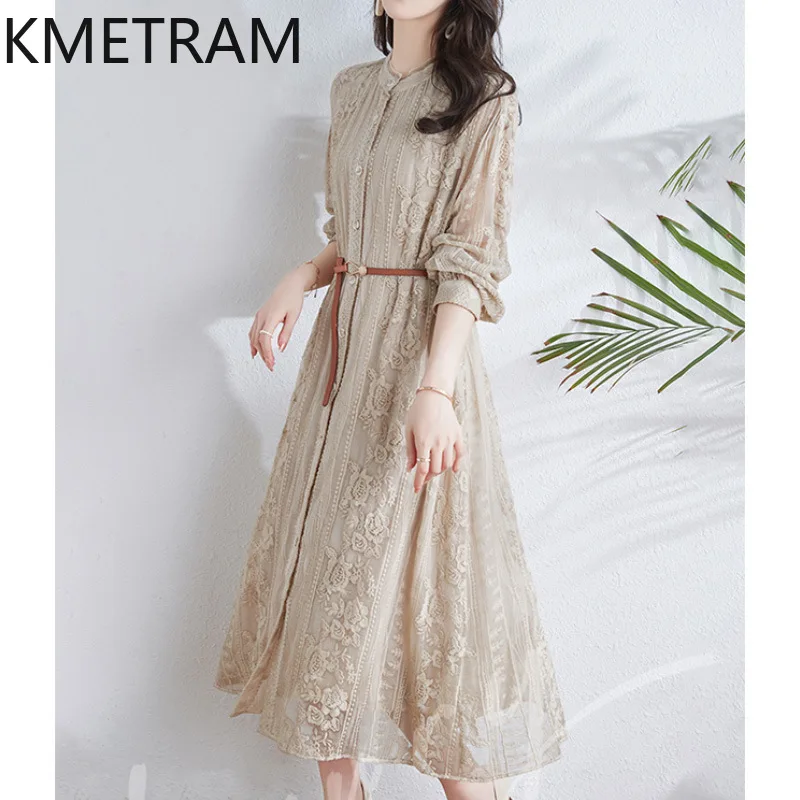 KMETRAM Mulberry Silk Embroidery Dress for Women 2024 New Chinese Style Womens Clothing Summer Mid-length Dresses Robe Femme Été