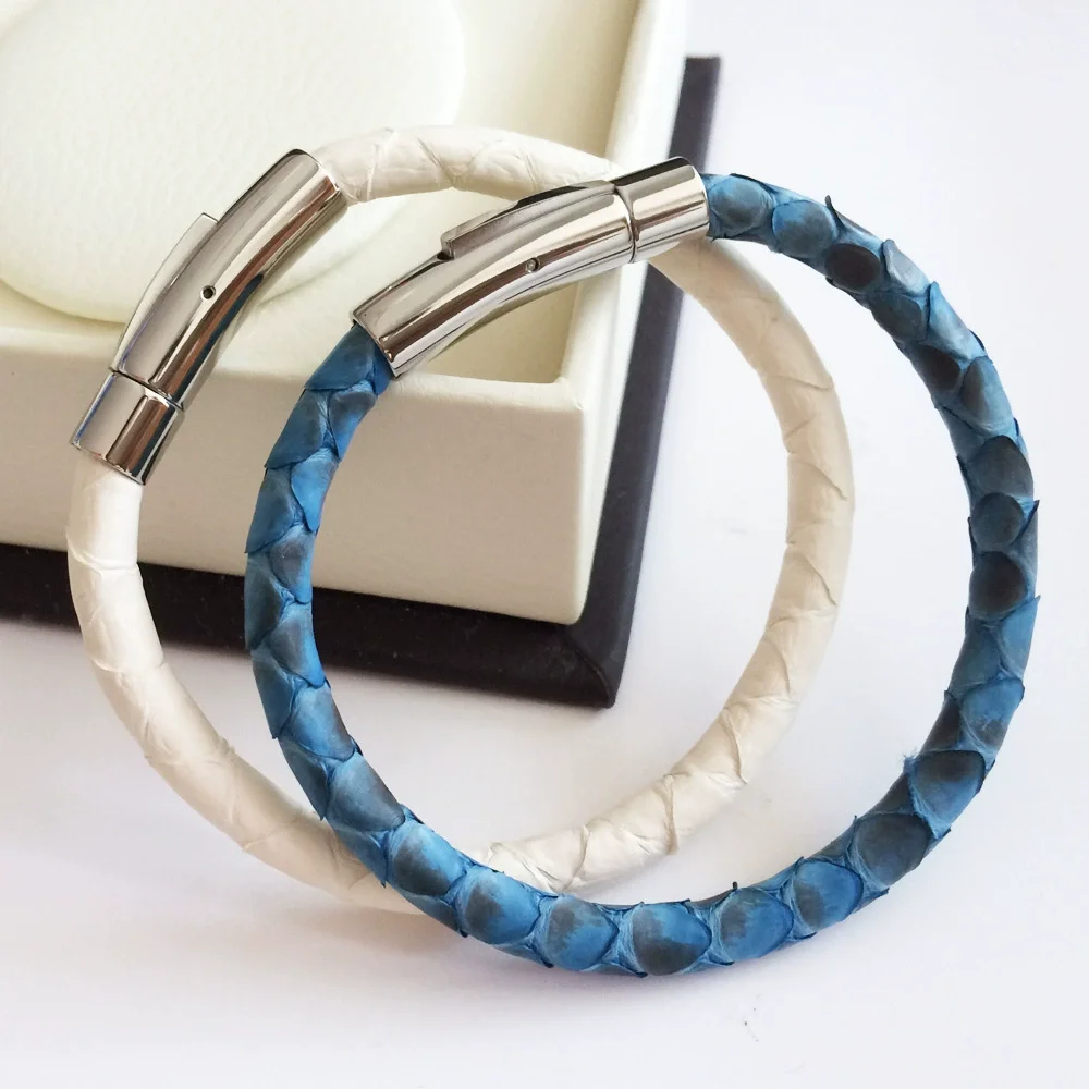 ER Genuine Python Leather Bracelet with Stainless Steel Clasp Buckle Bangle for Men Women