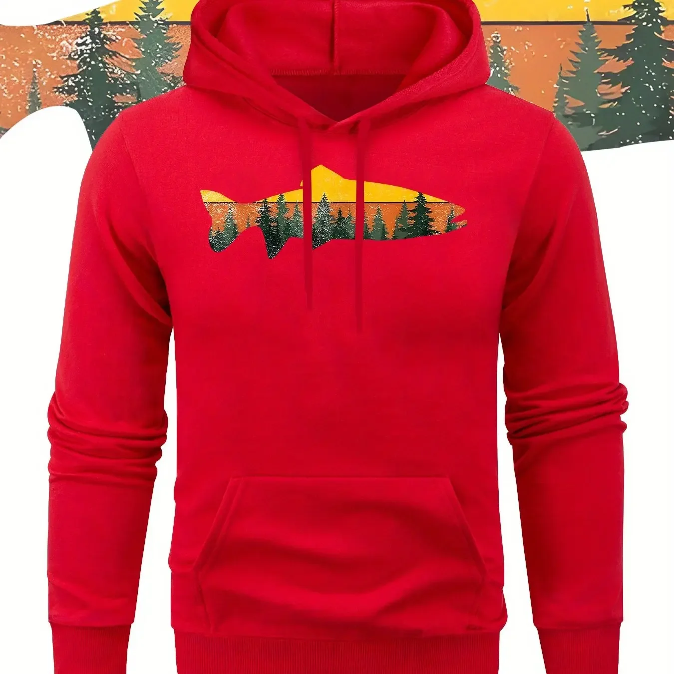 Vintage Sunset Forest Trout Fish Silhouette Front Print Hoodie Men Oversized Loose Pullover Fishing Outdoor Nature Sweatshirt