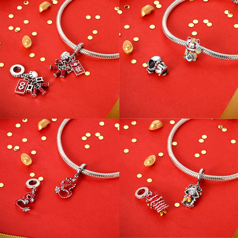 925 Silver Lantern Chinese Knot Charms New Year\'s Traditional Beads Fit 3mm 925 Original Bracelets Fashion DIY Jewelry Gifts