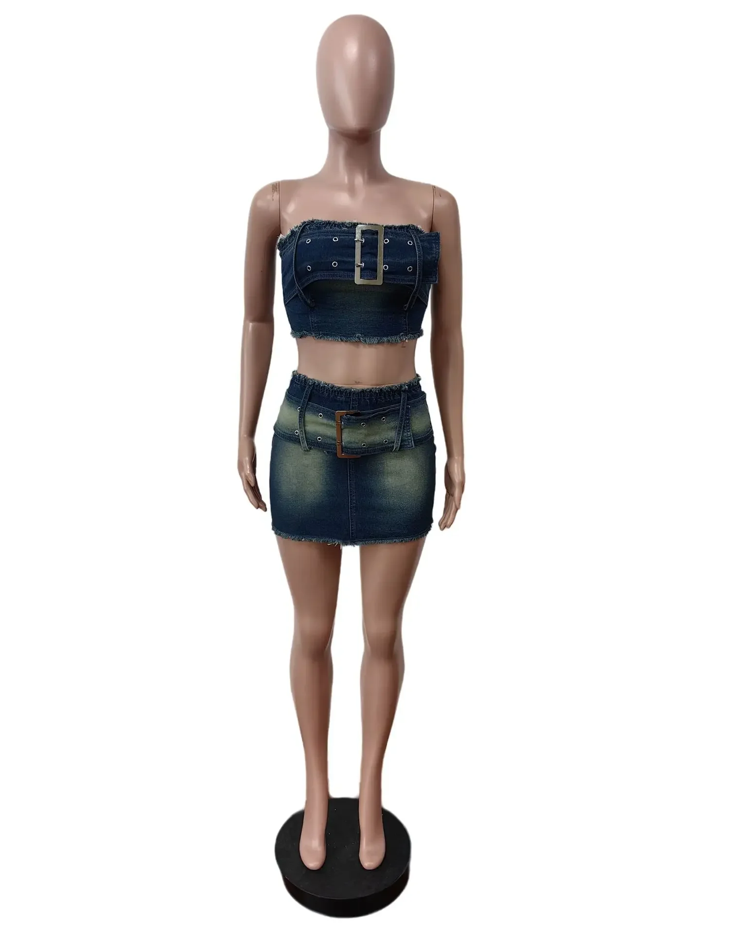 Setelan Denim 2 Potong Wanita Rok Pendek Pakaian Kasual Atasan Tanpa Lengan Slim Fit Seksi Pesta Malam Setelan Pinggang Tinggi