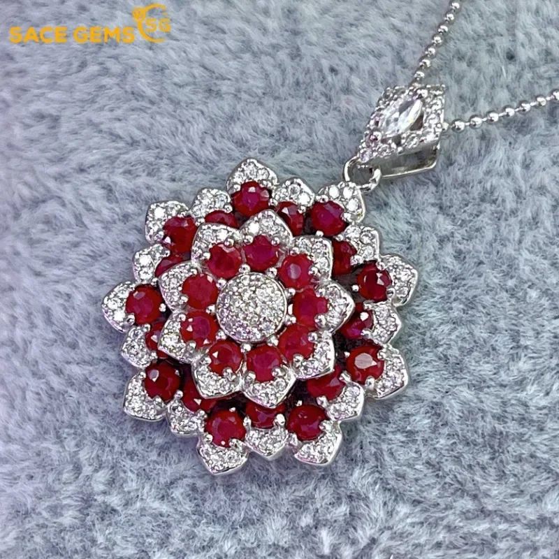 SACE GEMS Luxury 100% 925 Sterling Silver 2.5MM Natual Ruby Pendant Necklaces for Womne Wedding Party Birthday Fine Jewelry Gift