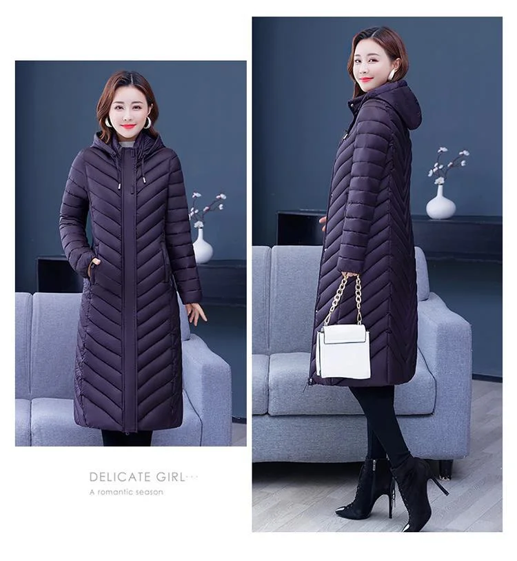 NEW Middle-aged Womens Down Cotton Coat Winter Long Warm Quilted Cotton Jacket Female Casual Hooded Parka Overcoat Purple 5XL
