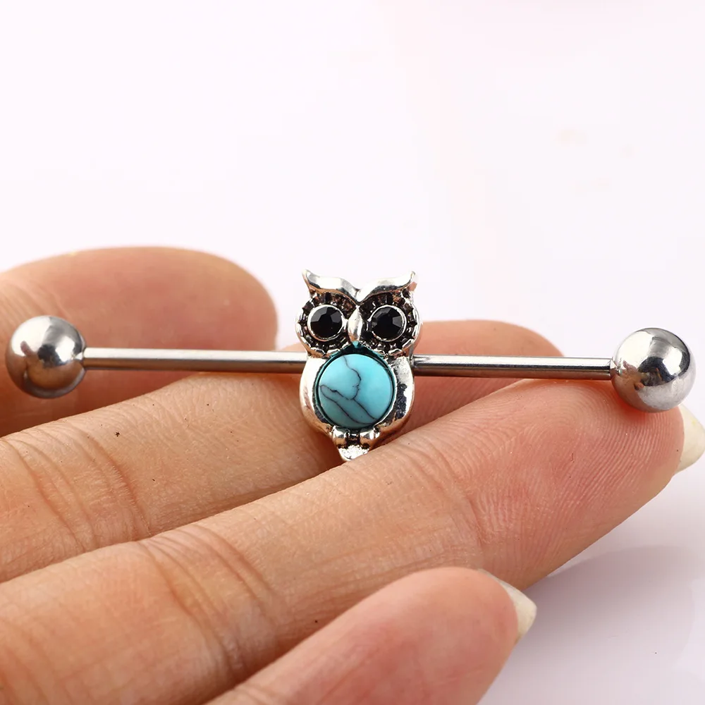 Long Jessie Ear Studs Piercing Industrial Barbell Earrings Stainless Steel Blue Crystal Owl Silver Color Body Jewelry for Women