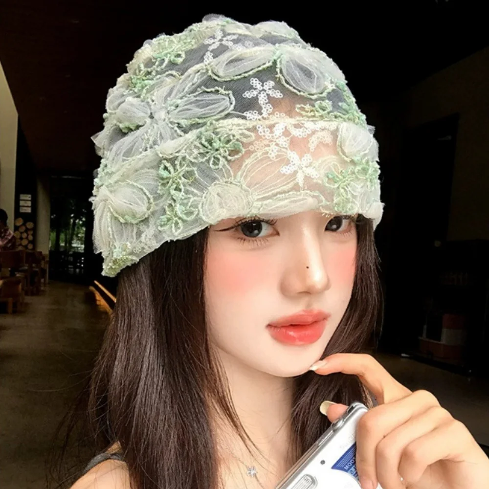 Korean Ins Retro Lace Beanies Bow Hollow Toe Cap Summer Thin Breathable Pile Cap Pullover Hat Decorative Accessories