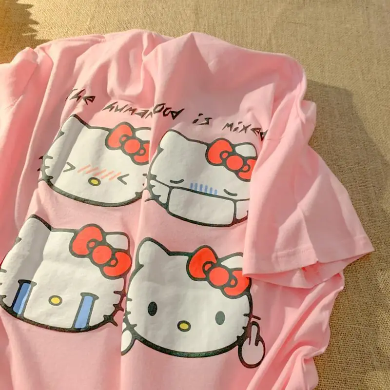 

Sanrio Hello Kitty women's T-shirt tops New Summer Cat Element Print Short Sleeve Cotton For Students Comfortable Versatile