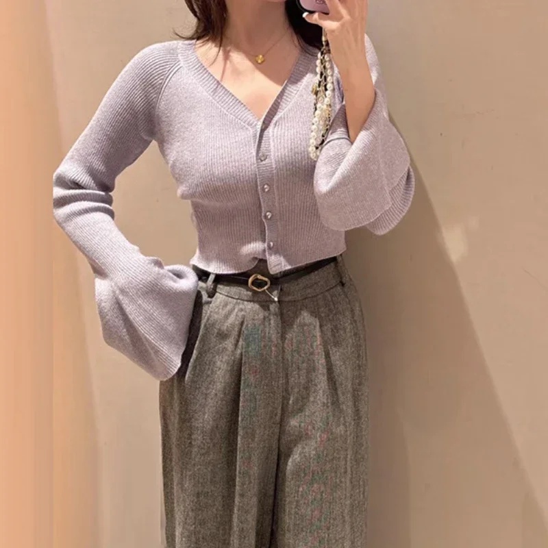 V-neck Flare Sleeve Elegant Knit Cardigan Simple Solid All-match Short Sweaters Women 2024 Autumn New Japan Style Chic Jumpers