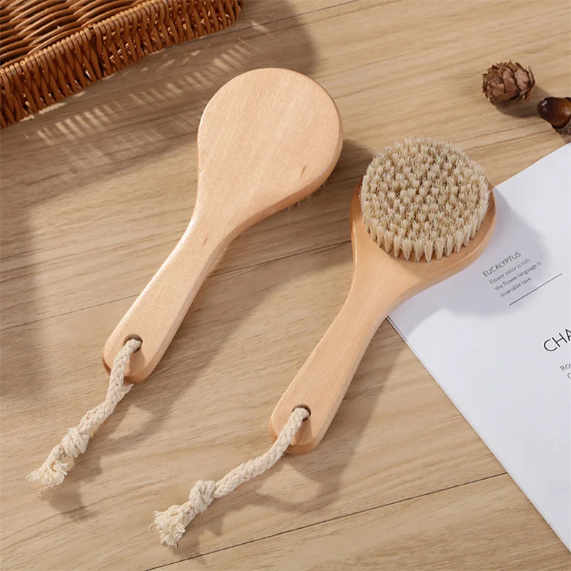 Brosse de douche de massage corporel en bois expansive, crinière de over, poils de cheval, tête ronde, brosse à récurer, soins de la peau, support, brosse sèche