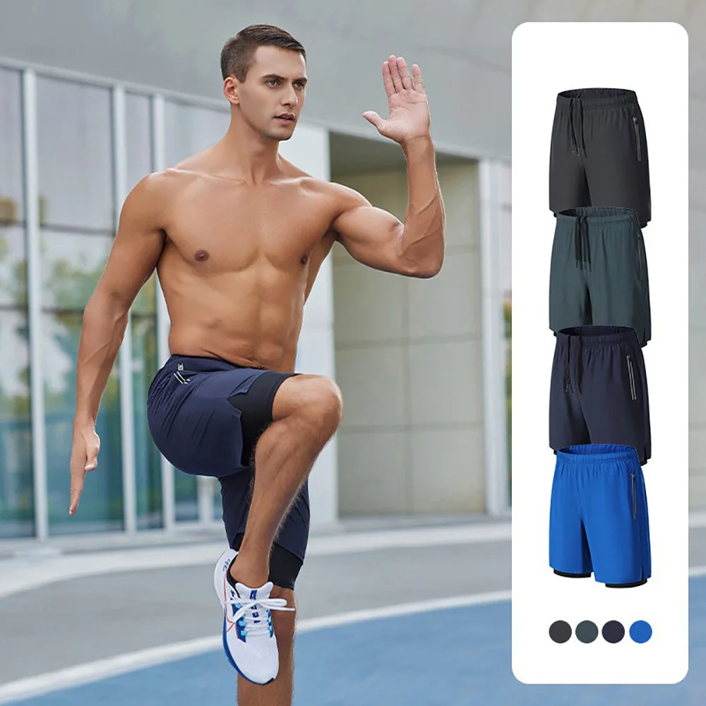 通気性のある無地フィットネススポーツランニングショーツ、サイドポケット付き、2 in 1ドローストリング、夏用メンズショーツ