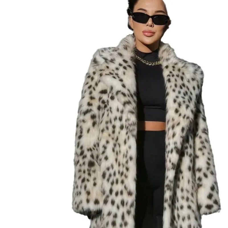 European and American autumn and winter new print fur women's jacket elongated suit collar leopard point imitation fox fur coat