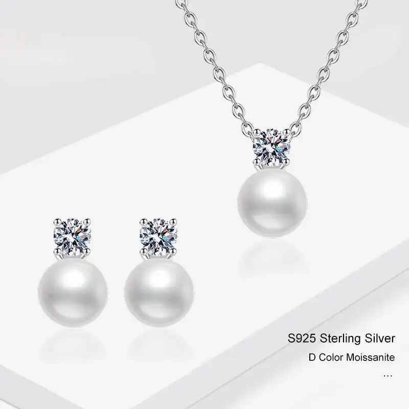

S925 Silver 4mm D Color VVS1 Moissanite Pearl Jewelry Set Women Necklace Earrings Wedding Anniversary Gift