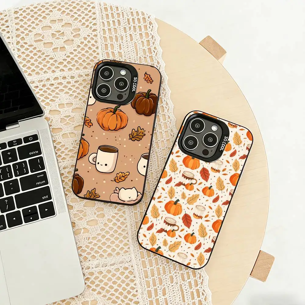 

A-Autumn leaves and pumpkins Phone Case For iPhone 17,16,15,14,13,12,11 Plus,Pro Max,XS,Colored silver phone case