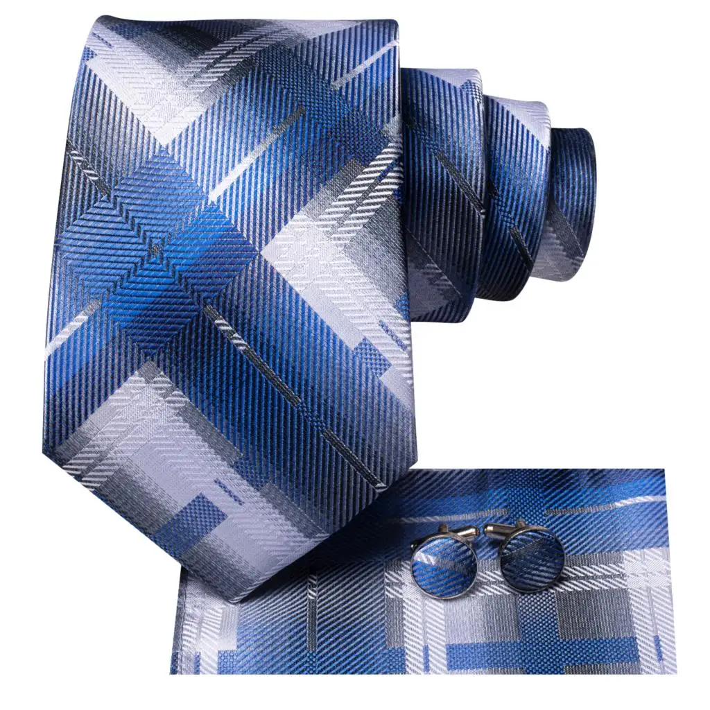 Hi-Tie 2023 New Blue White Plaid Mens Tie Hanky Cufflinks Set Silk Necktie For Men Wedding Party Business Fashion Brand Dropship