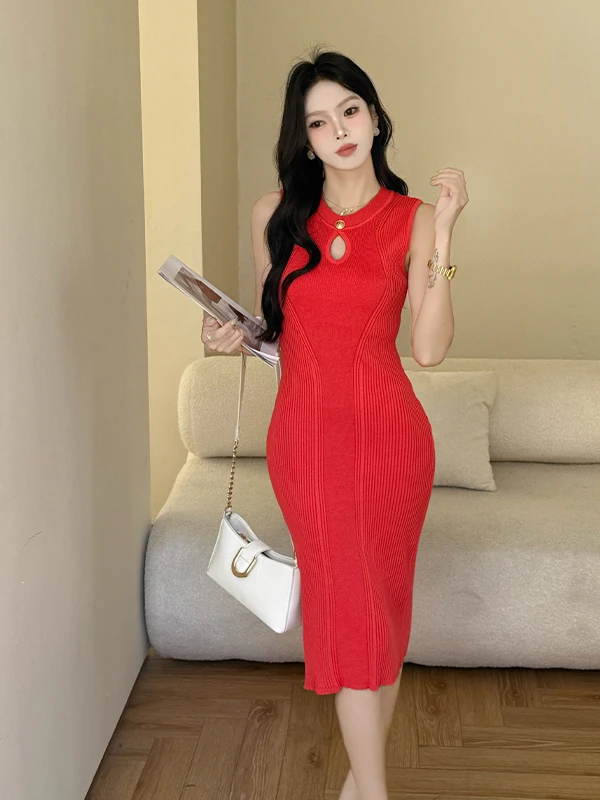 

Spicy Girl Style Knitted Hollow out Sleeveless round Neck Dress Women Summer Slim Fit Waist Cinched mid Length Bodycon Skirt