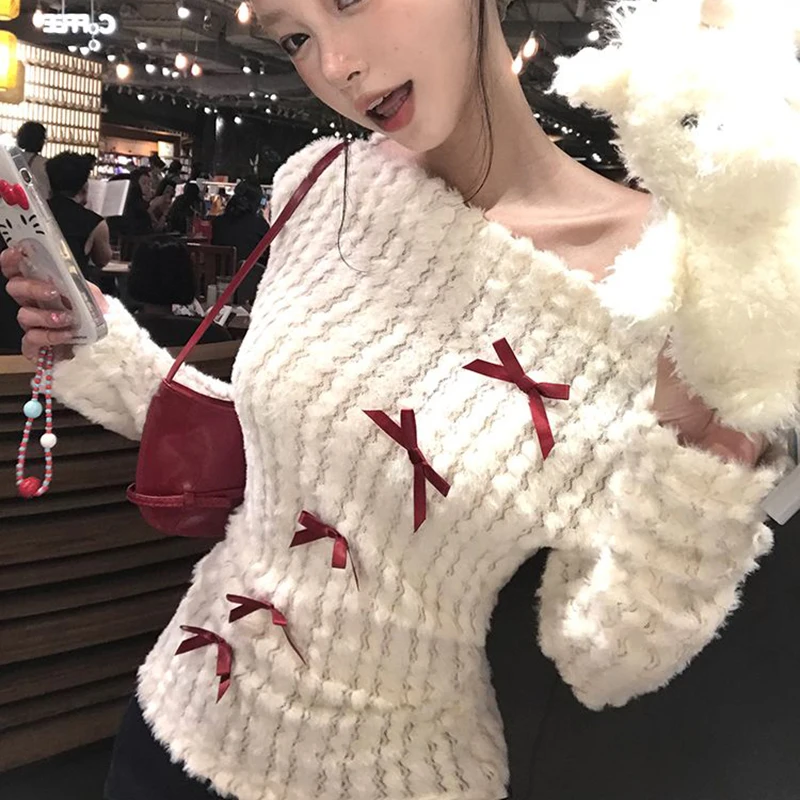 

Bow Sexy Off Shoulder Sweater Women Elegant Silm White Chic Pullover Spring Fall Long Sleeve Pretty Style Fashion Skinny Jumpers