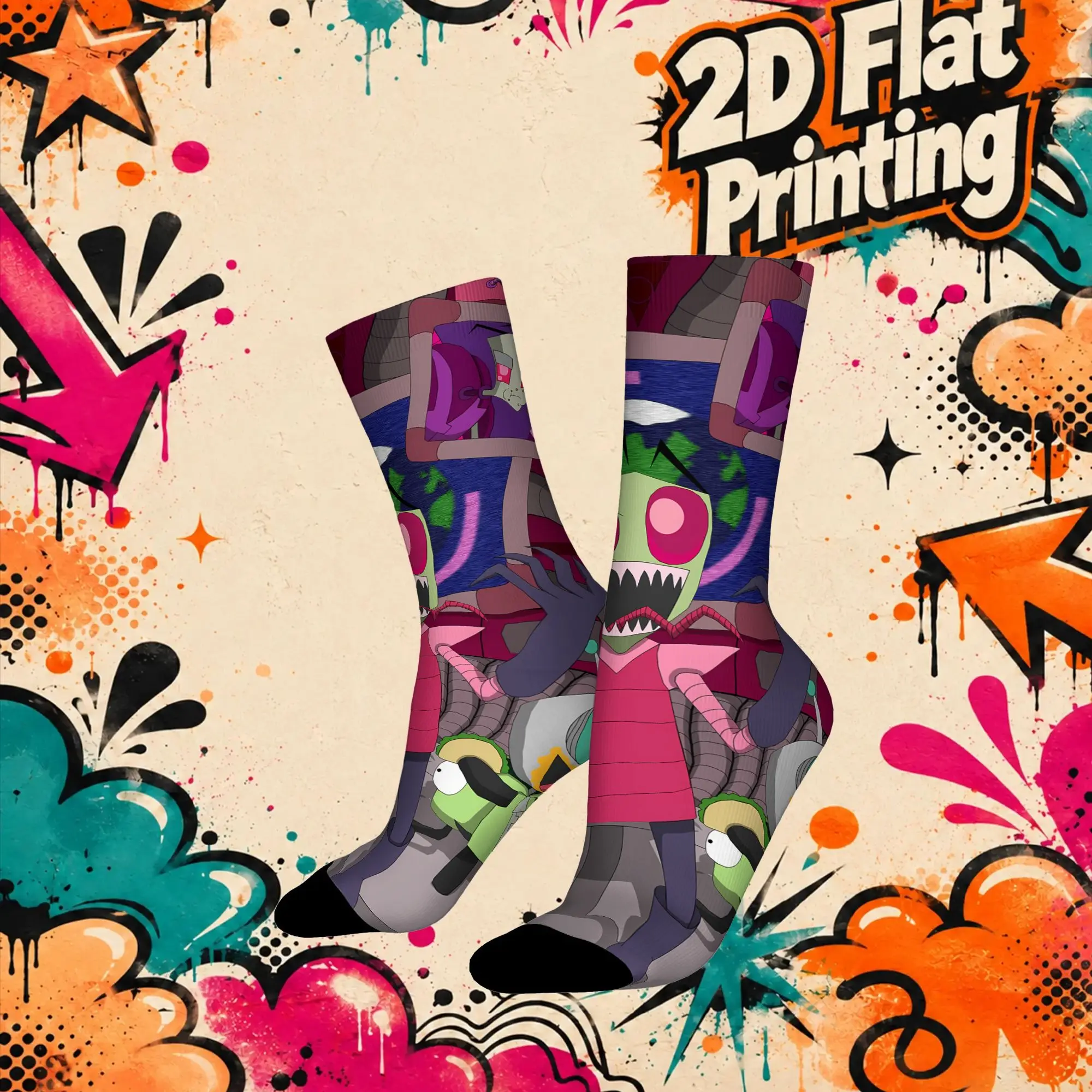 Invader Zim Anime Trendy Men's  Mid-calf Winter Socks Unisex Suitable Crew Sock Cycling Socks