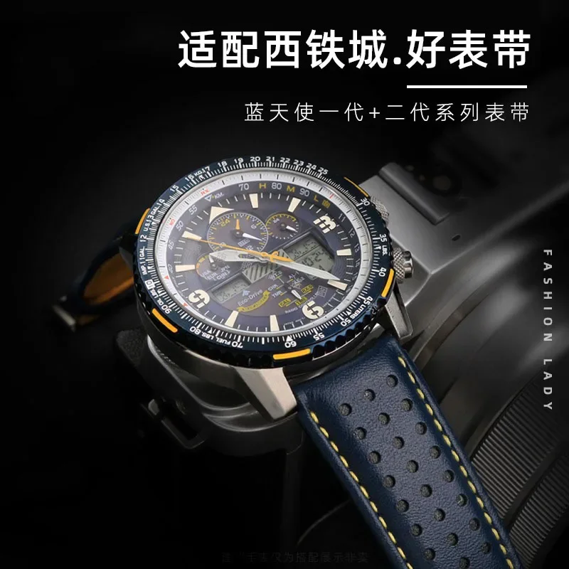 Blue color Genuine Leather Watchband Strap Men's Watchband For Citizen AT8020-54L/JY8078 with buckle Men's waterproof bracelet