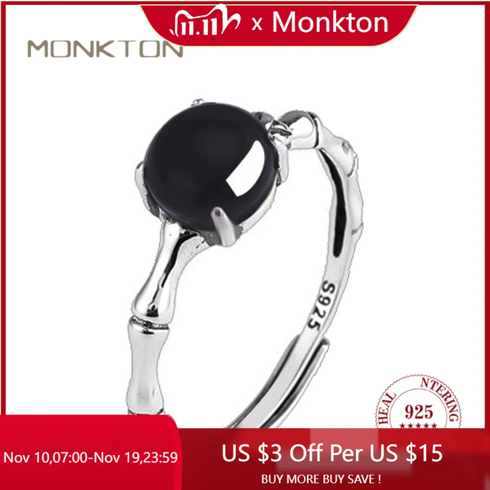 

Monkton New In 925 Sterling Silver Black Agate Rings for Women Vintage Bamboo Joint Design Onyx Open Ring Luxury Jewelry Gifts