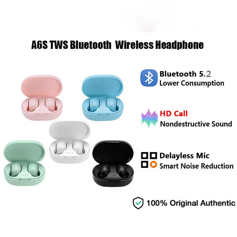 Original A6S TWS Wireless Bluetooth Headset 5.0 Earphone Bluetooth Sport Inear Earbuds Headset with Mic for Xiaomi Iphone Lenovo