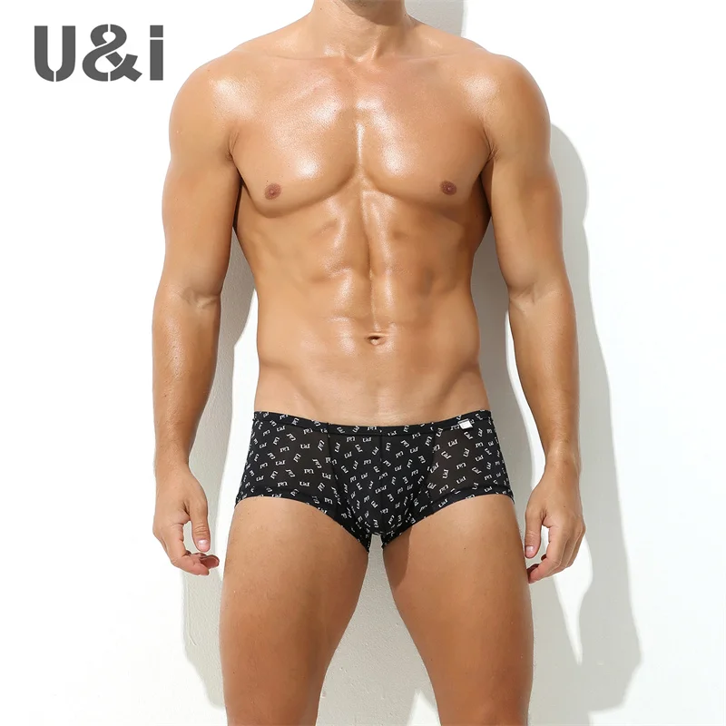 U&I sexy underwear for boys low-waisted thin nylon personalized trendy printed slim U convex small boxer briefs for men