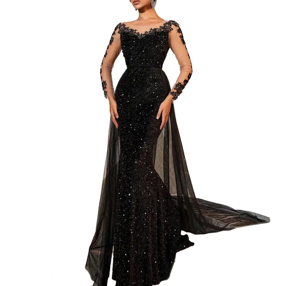 Zachte lichtgewicht stoffen jurk Elegante avondjurk met pailletten en kanten mouwen Tot de grond Bodycon Maxi voor cocktail voor dames