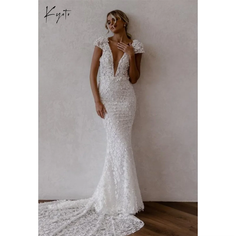 

Свадебное платье Kyoto на заказ, белое, сексуальное, с V-образным вырезом, без рукавов, с открытой спиной, фасон «русалка», со шлейфом, вечернее платье 2026