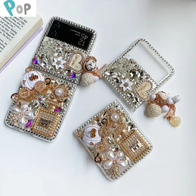 Bling Glitter Diamond Bear Flower Case For Samsung Galaxy Z Flip 3 Zflip4 Z Fold 3 Zfold4 5G Case Luxury Rhinestone Pumpkin Car