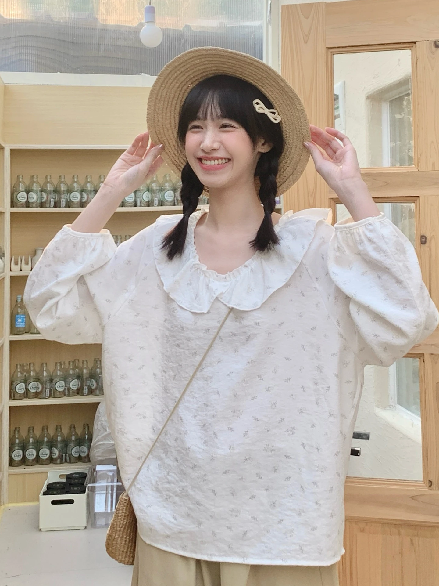 

White Floral Print Women's irt Spring New Arrival Japanese Sle Pleated Collar Loose Fit Long Sve Breathable Cotton Blend