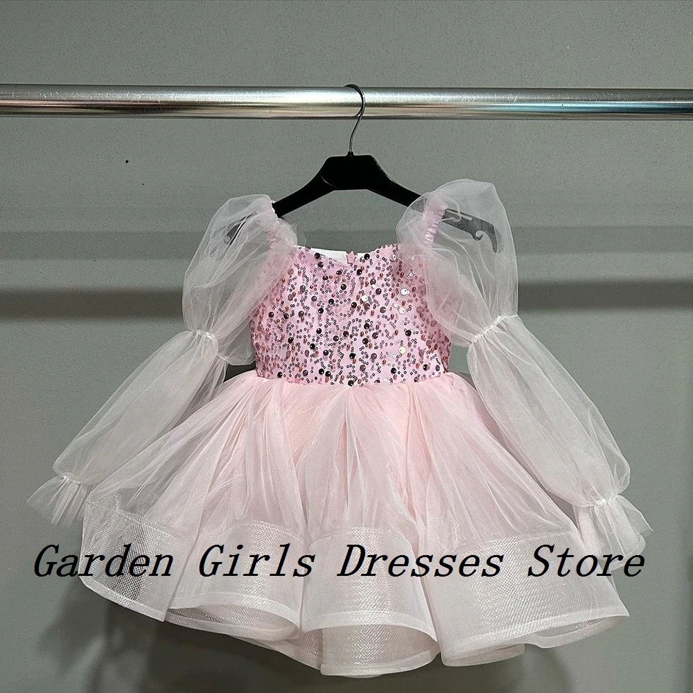 Pink Scoop Flower Girls Dresses with Sequined 2024 A Line Christmas Dresses Full Sleeve Knee Length Tutu Real Picture فستان عيد