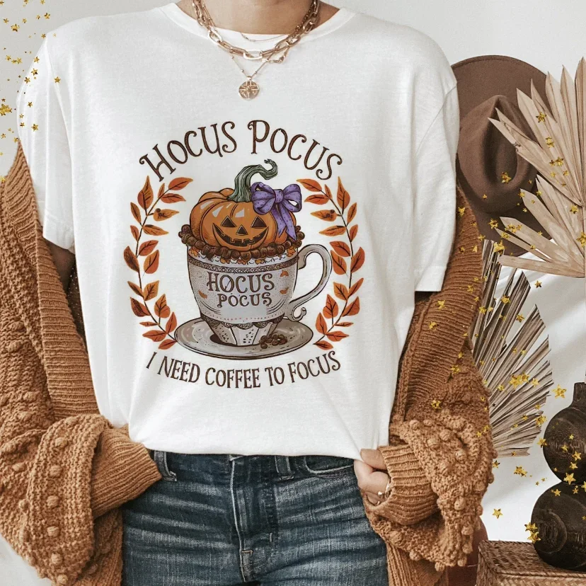 Coffee Pumpkin Watercolor Retro Style 90s Printed T-Shirt Women's Pattern Casual Cartoon Clothing Women's Fashion Autumn T-Shirt