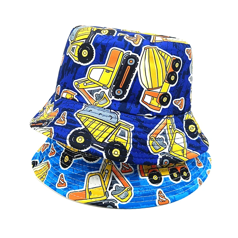 Bocca Children Cartoon Bucket Hat Boy Kids Fisherman Hats Print Panama Cap Car Toy Pattern Double Sides Summer Ourdoor Sunscreen