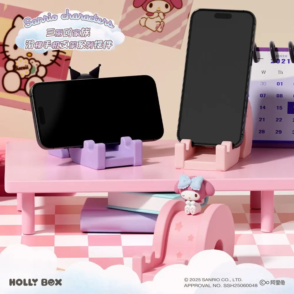 Miniso genuíno sanrio slide suporte do telefone kulomi melodia desktop boneca menina dos desenhos animados caixa cega pvc estatueta presente de aniversário