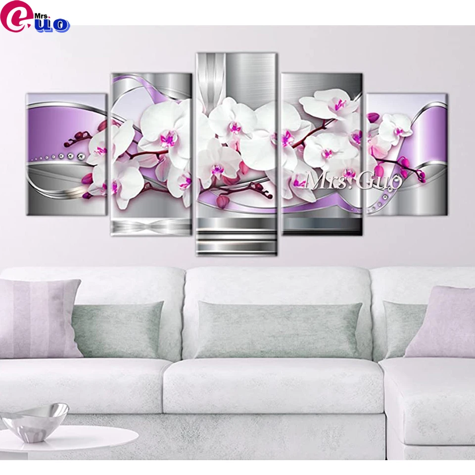 Full Diamond Painting 5 Pieces Abstract Purple Cross Stitch 5D Embroidery Mosaic Handicraft Orchid And Fantasy White Flower Art