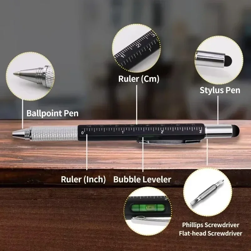 قلم حبر جاف متعدد الوظائف 7 في 1 مع أداة قياس يدوية حديثة ومفك براغي مسطرة تقنية وشاشة تعمل باللمس ومستوى الروح