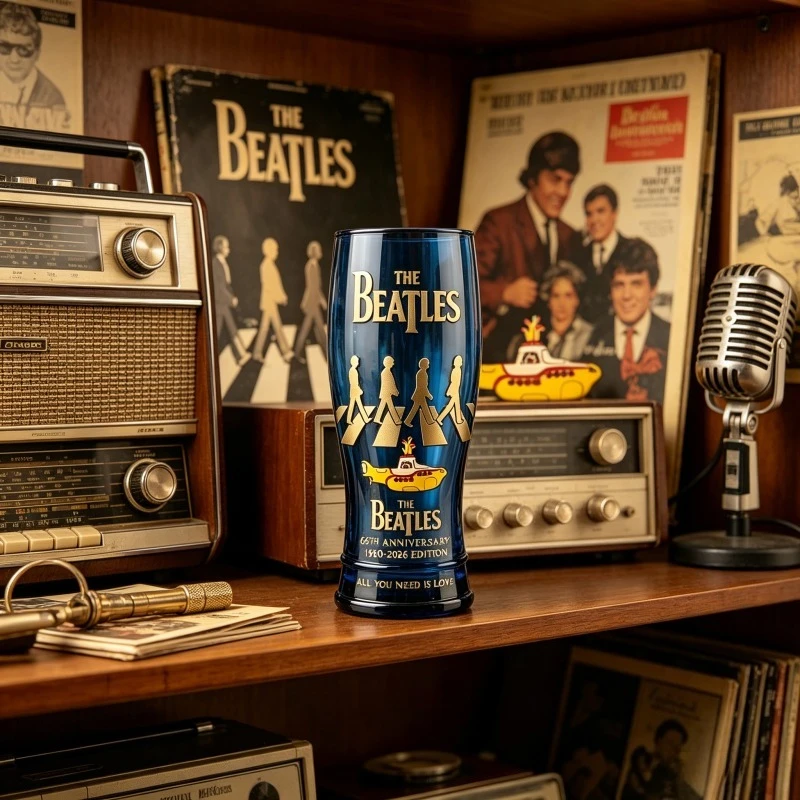 The Beatles 66th Anniversary Beer Glass Abbey Road Yellow Submarine Print Blue Crystal Cup for Bar Home Decoration Collectible