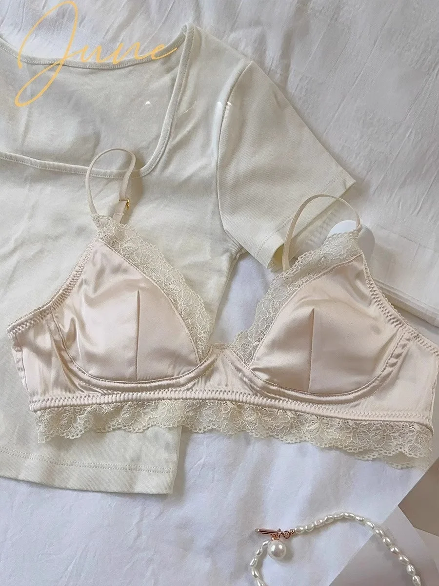 Thin Lace Satin Bra Women's No Steel Ring Collection Side Breast Beauty Back Bra Fixed Double Shoulder Strap V-Cup Back Doubl...