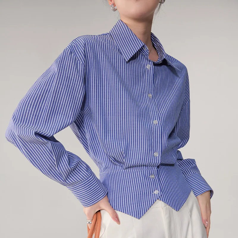

2026 New Women's Striped Shirt Elegant Slim Fit Pullover Blouse Modern Blue & White Striped Top Spring Commute Work Wear