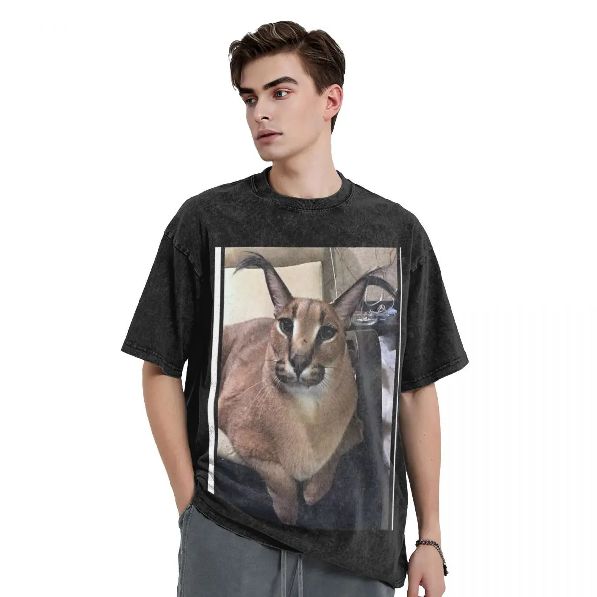Big Floppa Animal Cat Washed T Shirts Vintage Short Sleeve Hip Hop T-Shirt Streetwear Tops Tees for Men Women